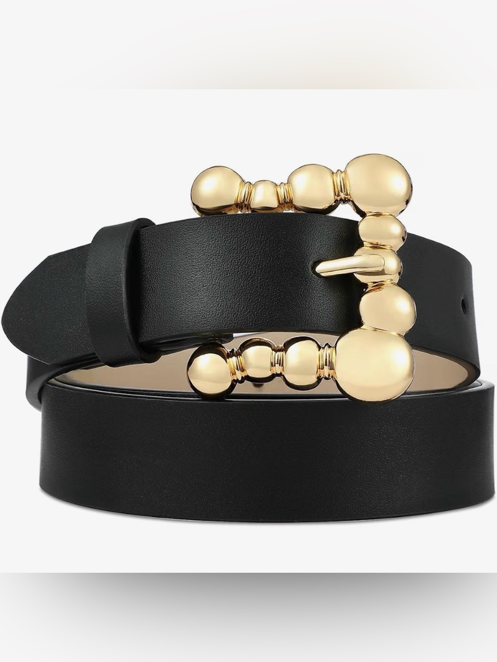 Black Leather Belt with Gold Tone Bubble Beaded Buckle Large (Fits waist 35-39”)